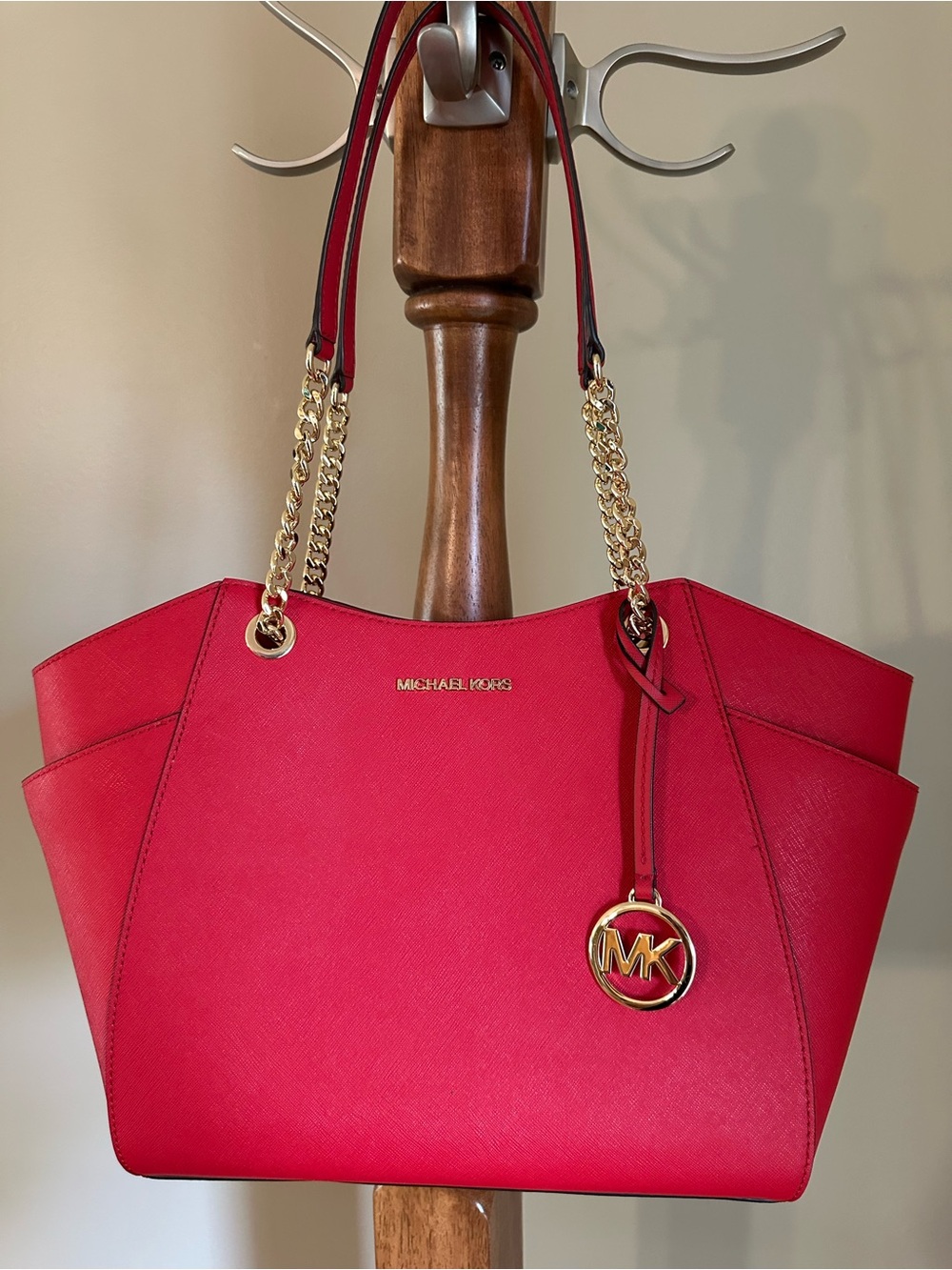 Michael Kors Red Saffiano Chain-Strap Tote